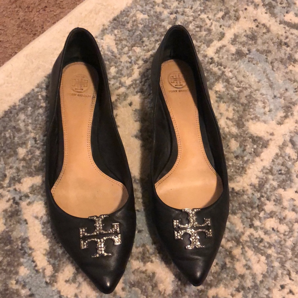 Tory Burch Black Pointed Flats with Rhinestone logo